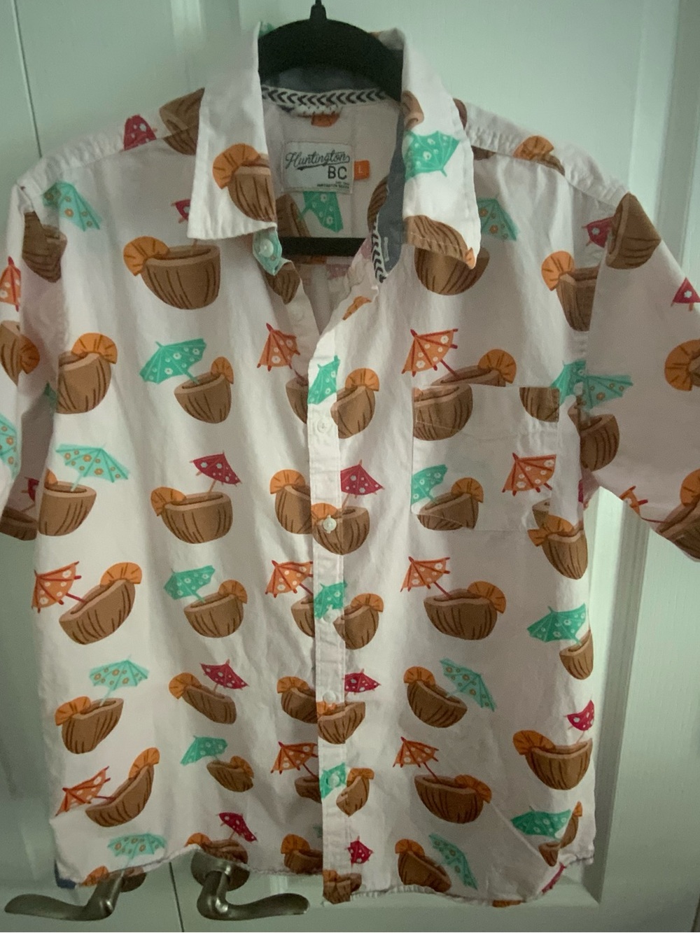 Huntington BC Button-Up Shirt with Brown Coconut & Multicolor Umbrella Print